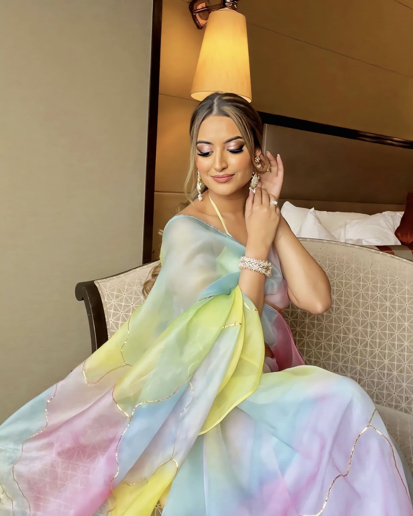 Jacqueline Fernandez Inspired Hand-Painted Pastel Silk Organza Saree with Gota Work | The Dreamy Pastel Saree