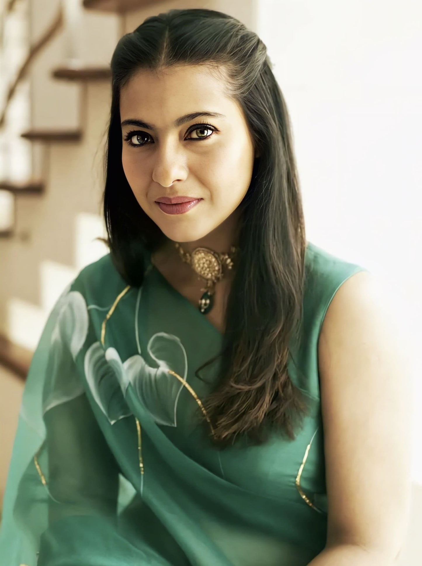 Kajol Inspired Emerald Green Hand-Painted Organza Saree with Gota Work | Anthuriums Designer Saree