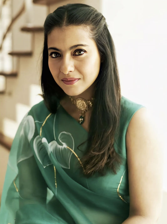 Kajol Inspired Emerald Green Hand-Painted Organza Saree with Gota Work | Anthuriums Designer Saree