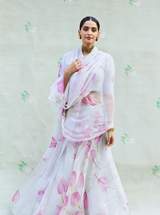 Sonam Kapoor inspired hand painted anthurium organza lehenga with gota embroidery silk blouse and chiffon dupatta