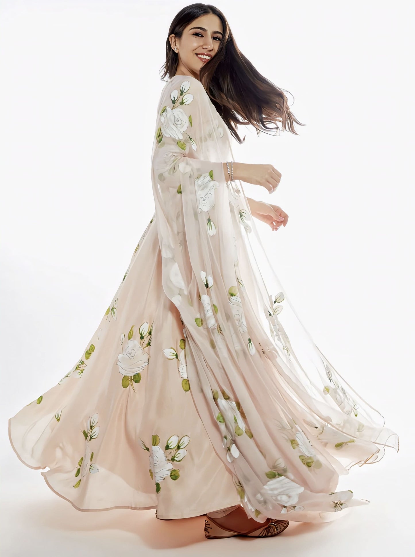 Sara Ali Khan inspired dull rose silk flared kurta with hand painted white roses and chiffon dupatta with gota embroidery