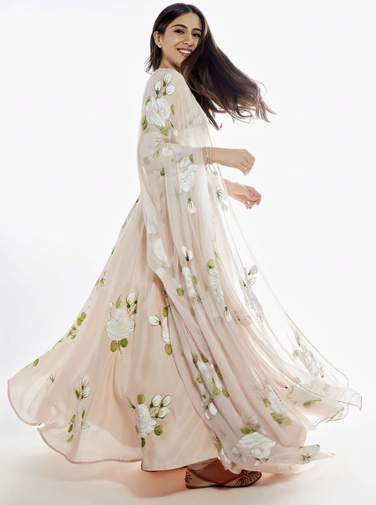 Sara Ali Khan inspired dull rose silk flared kurta with hand painted white roses and chiffon dupatta with gota embroidery