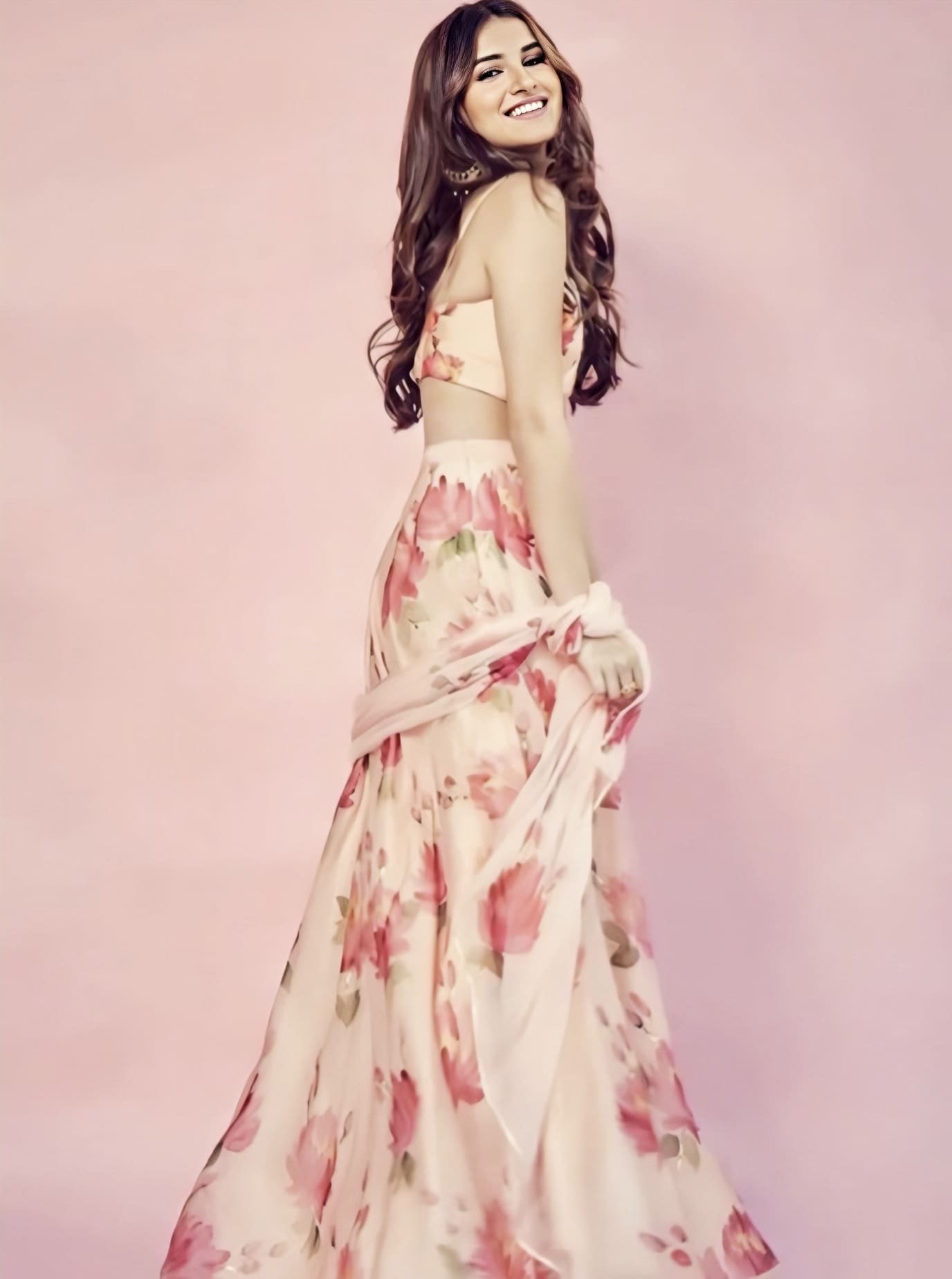 Tara Sutaria inspired rose pink silk organza lehenga with hand painted peonies and gota embroidery with chiffon dupatta