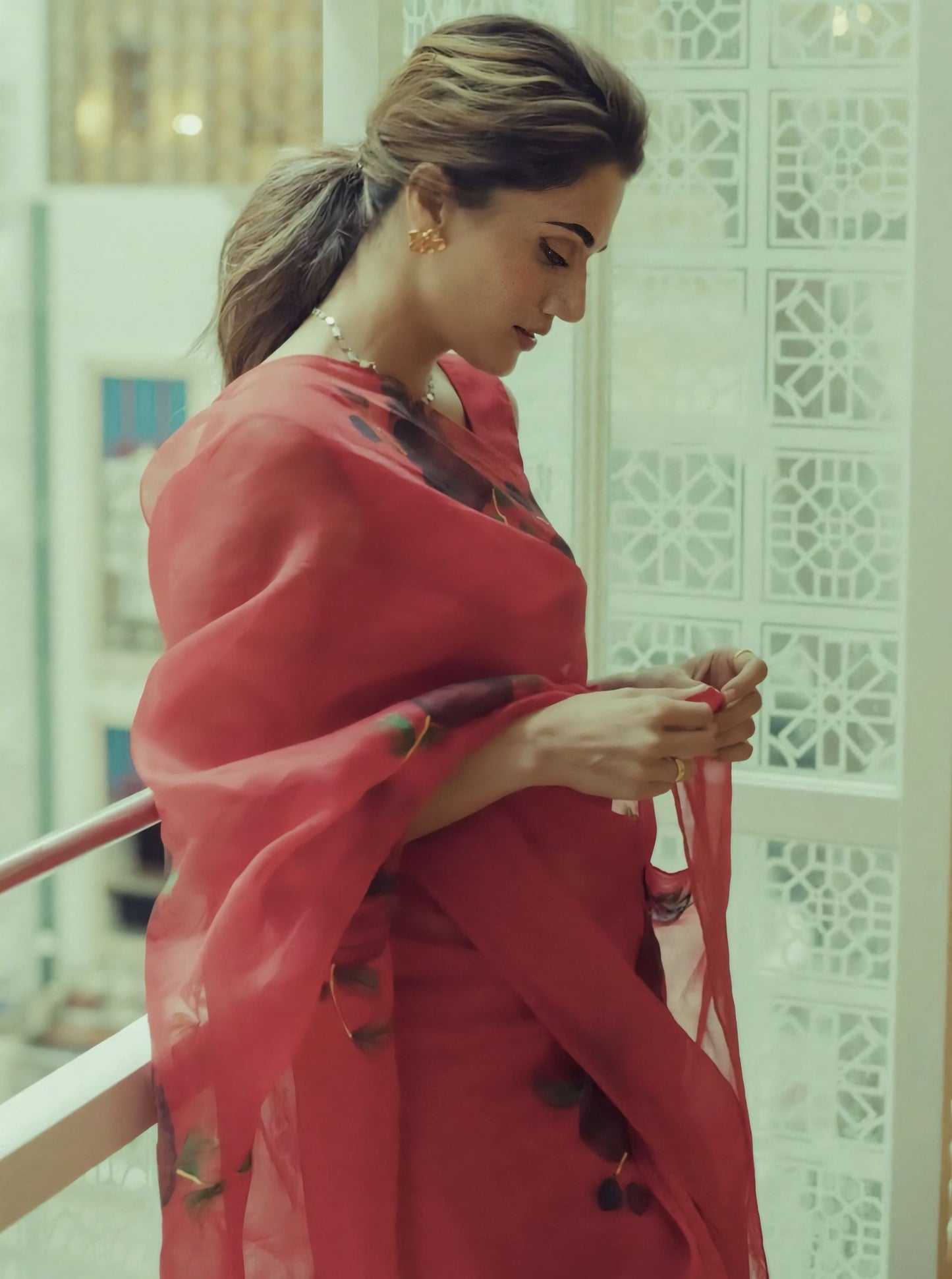 Taapsee Pannu Inspired Red Silk Organza Saree with Hand-Painted Black Roses & Gota Work