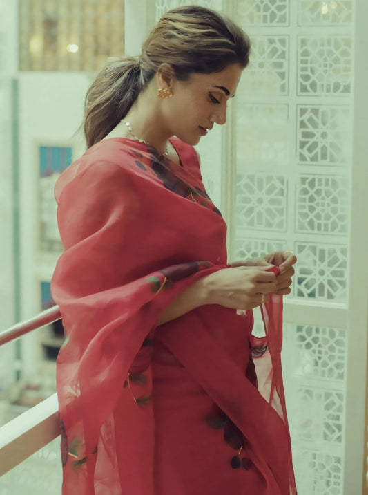 Taapsee Pannu Inspired Red Silk Organza Saree with Hand-Painted Black Roses & Gota Work
