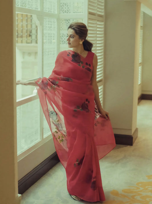 Taapsee Pannu inspired red silk organza saree with hand painted black roses and gota embroidery