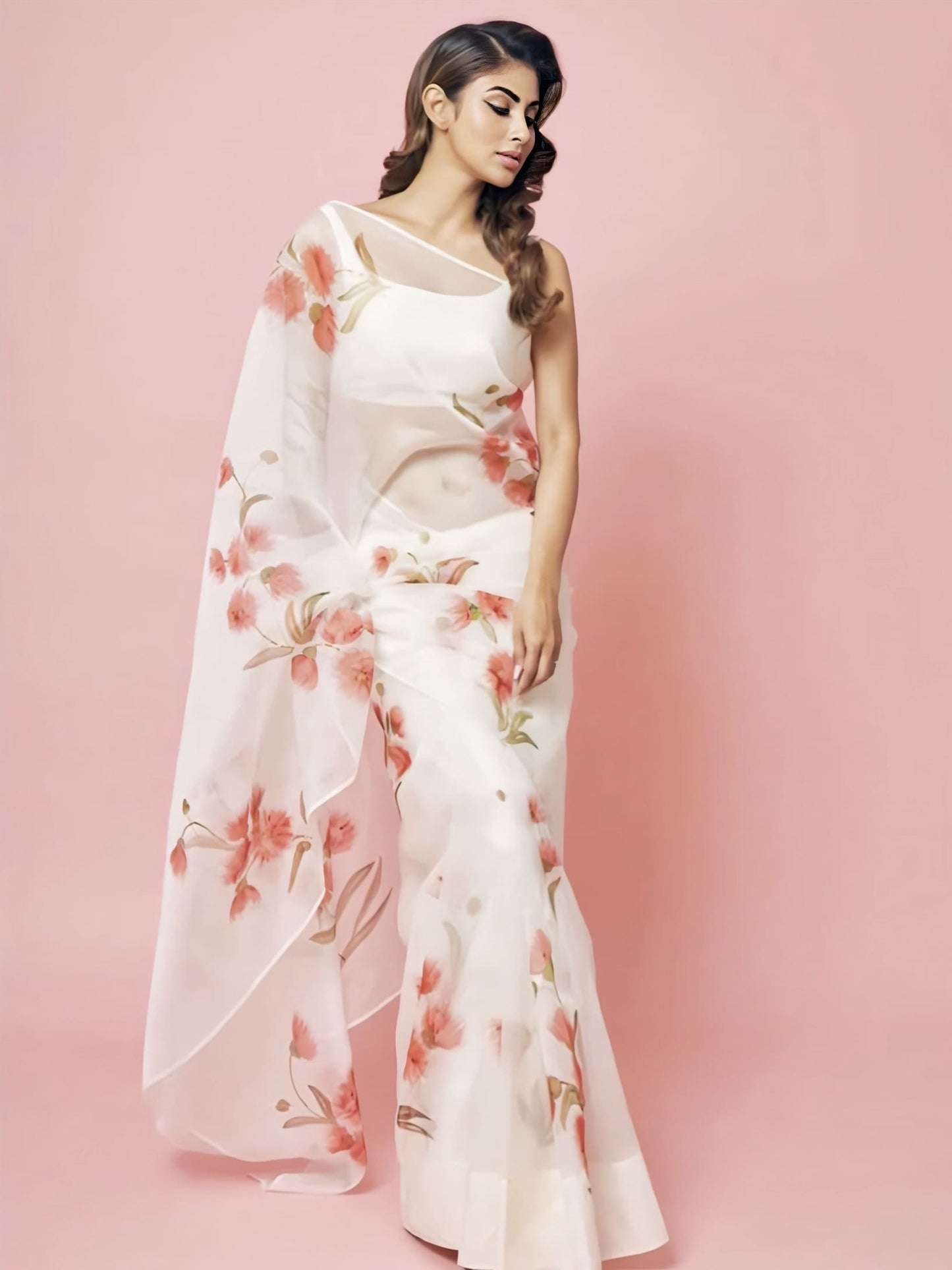 Mouni Roy inspired ivory silk organza saree with hand painted red gum tree blossom flowers and gota embroidery