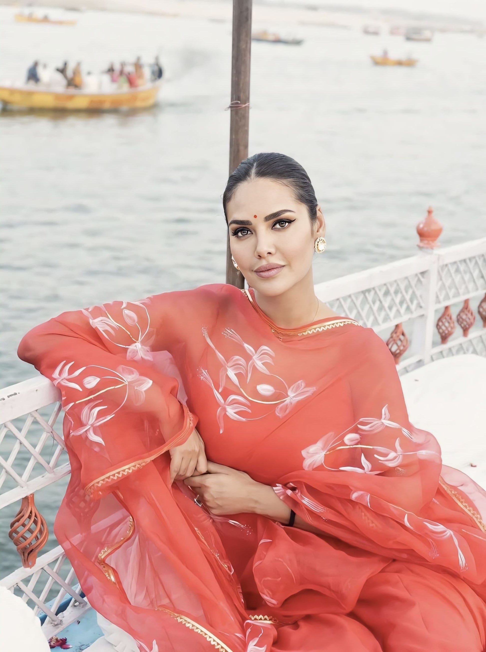 Esha Gupta inspired red silk flared kurta with hand painted white robin birds organza dupatta and gota border