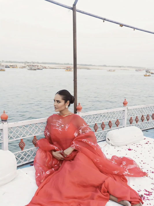 Esha Gupta Inspired White Songbirds Red Silk Flared Kurta Set with Organza Dupatta