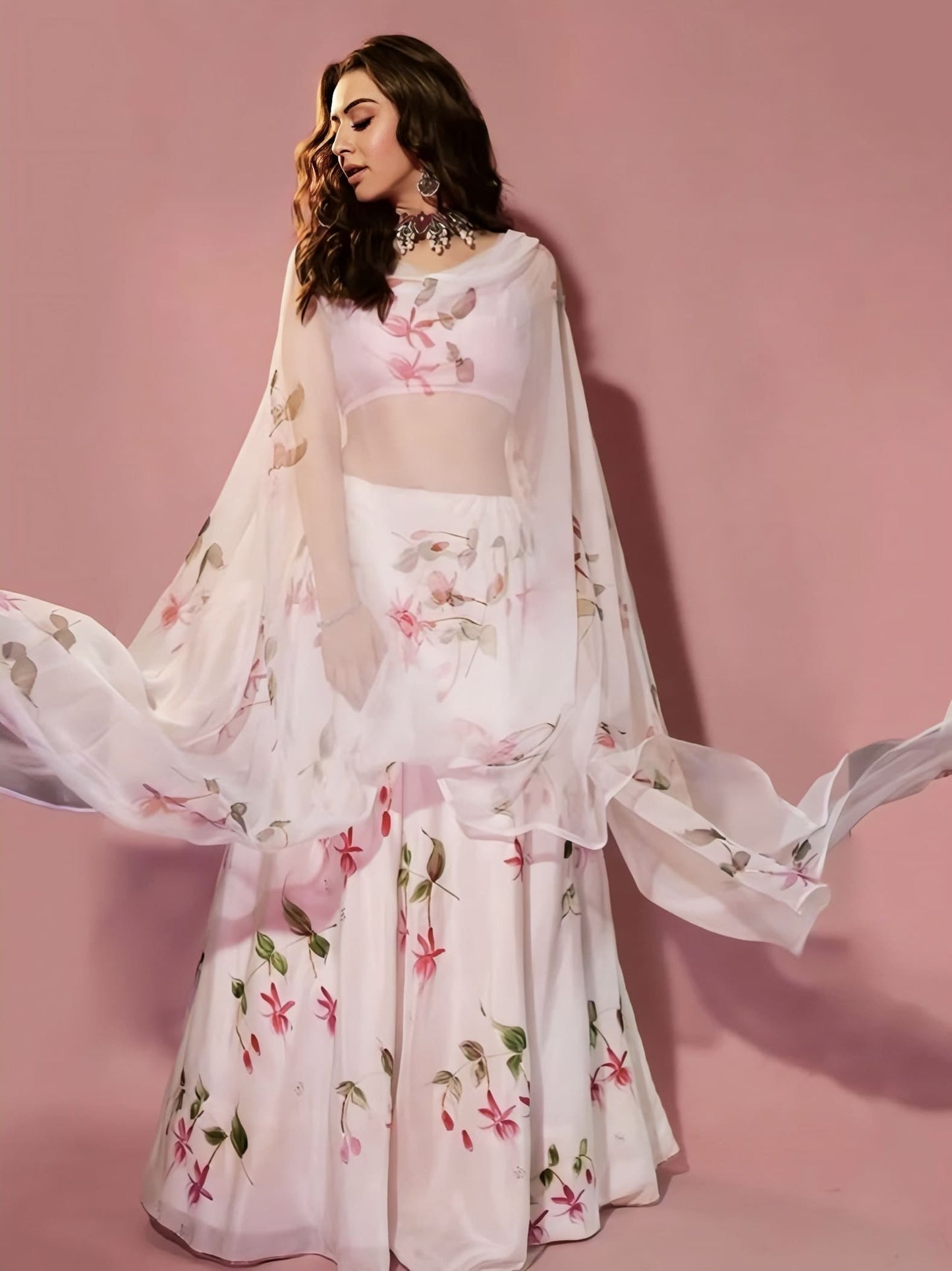 Hansika Motwani Inspired Pink Fuchsia Hand-Painted Silk Lehenga with Gota Work