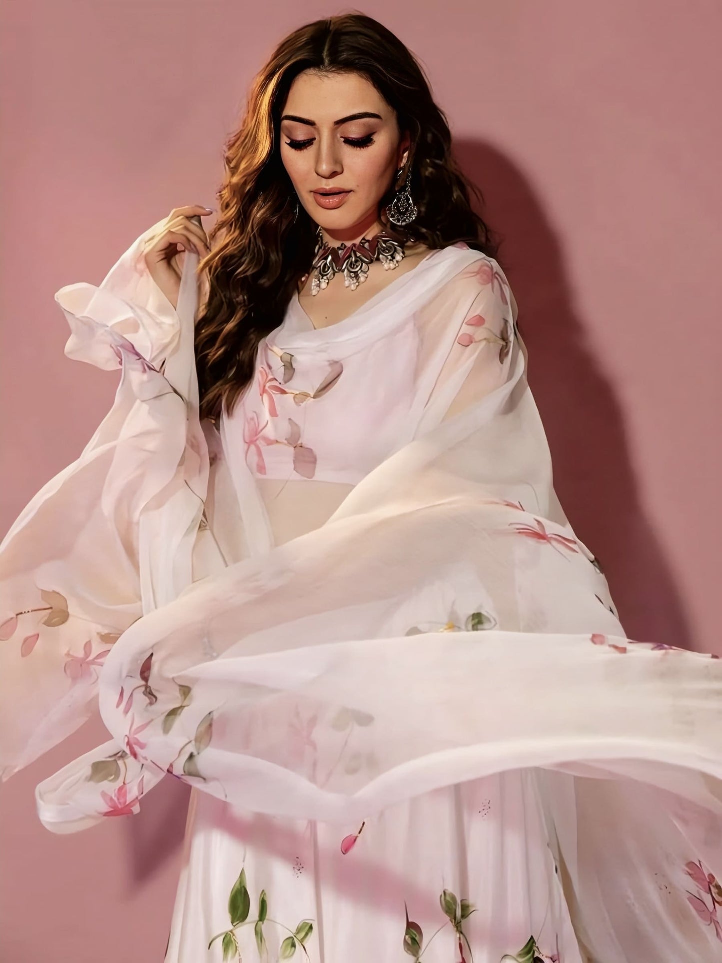Hansika Motwani Inspired Pink Fuchsia Hand-Painted Silk Lehenga with Gota Work