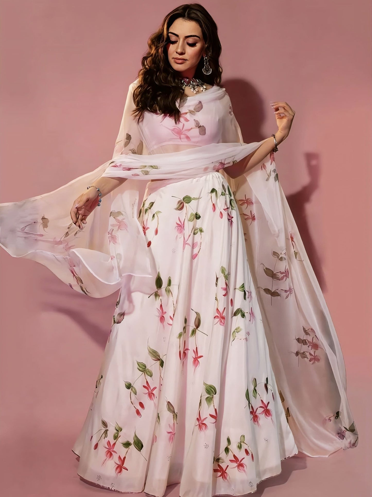 Hansika Motwani inspired ivory silk lehenga with hand painted pink fuchsia flowers and gota embroidery with chiffon dupatta