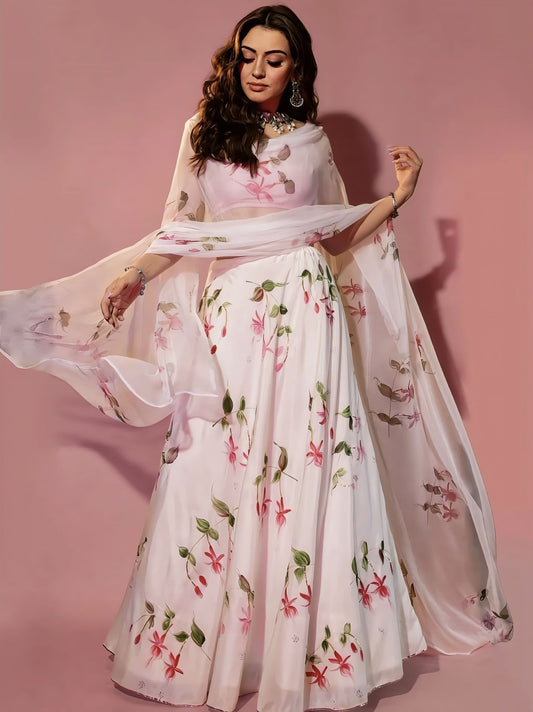 Hansika Motwani inspired ivory silk lehenga with hand painted pink fuchsia flowers and gota embroidery with chiffon dupatta