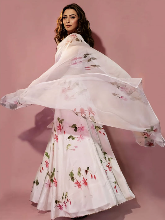 Hansika Motwani Inspired Pink Fuchsia Hand-Painted Silk Lehenga with Gota Work