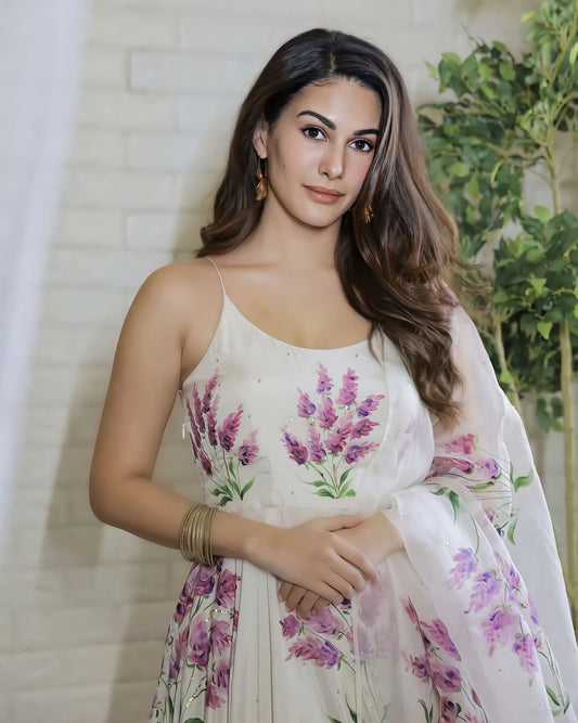 Amyra Dastur Inspired Lavender Hand-Painted Ivory Silk Flared Kurta Set with Organza Dupatta