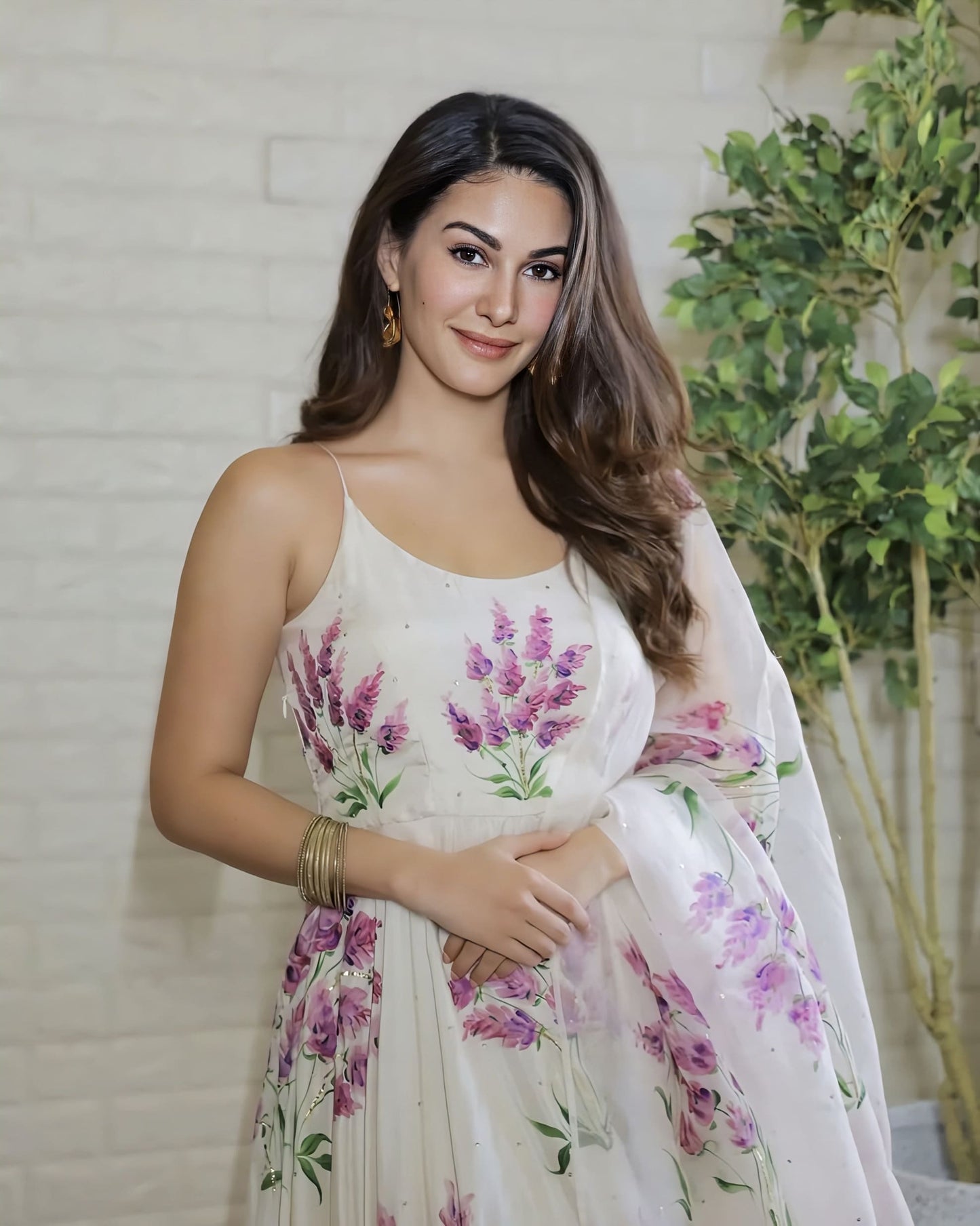 Amyra Dastur Inspired Lavender Hand-Painted Ivory Silk Flared Kurta Set with Organza Dupatta
