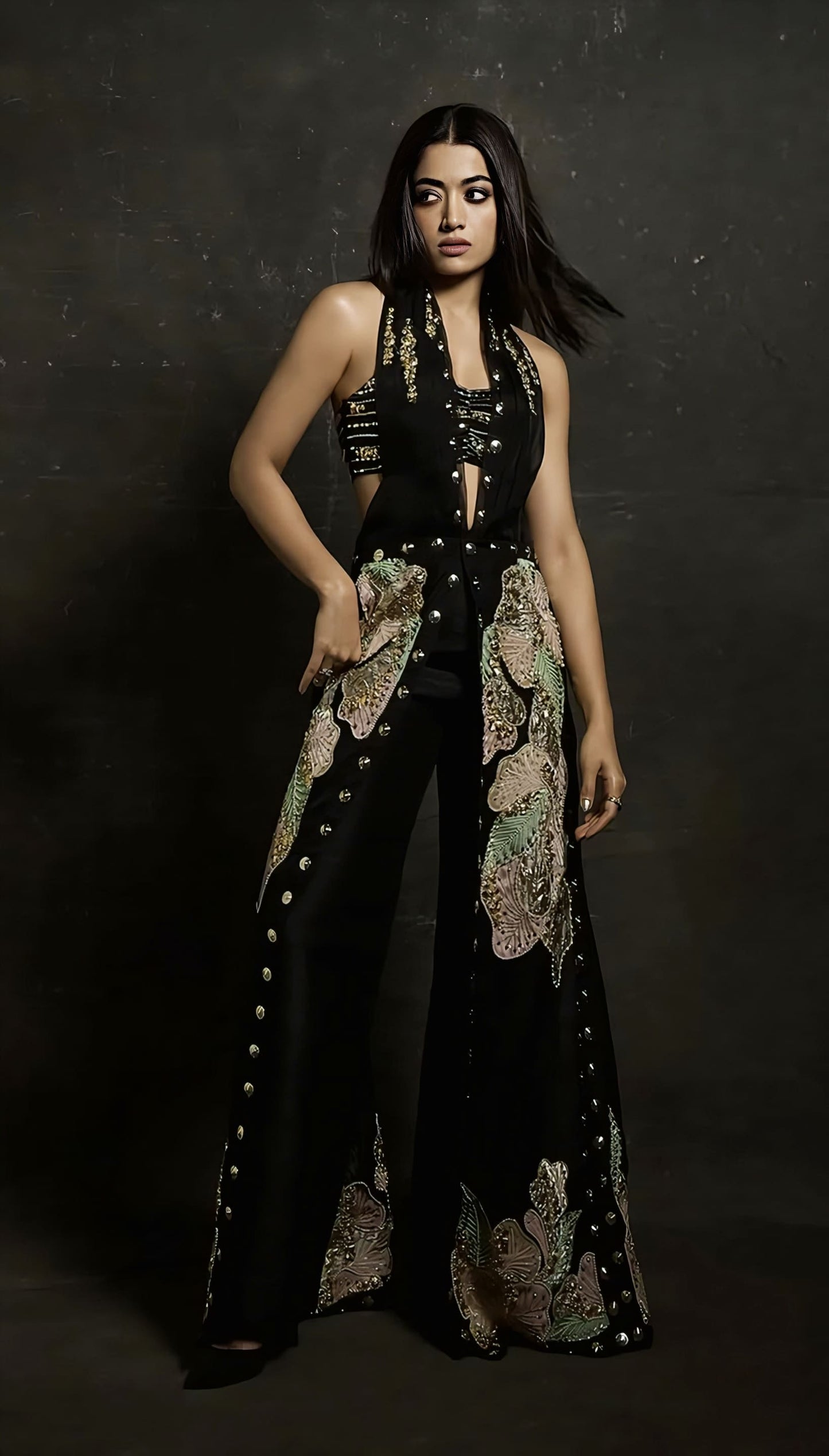 Rashmika Mandanna Inspired Black Organza Drama Jacket Set with Embellished Bustier & Raw Silk Pants