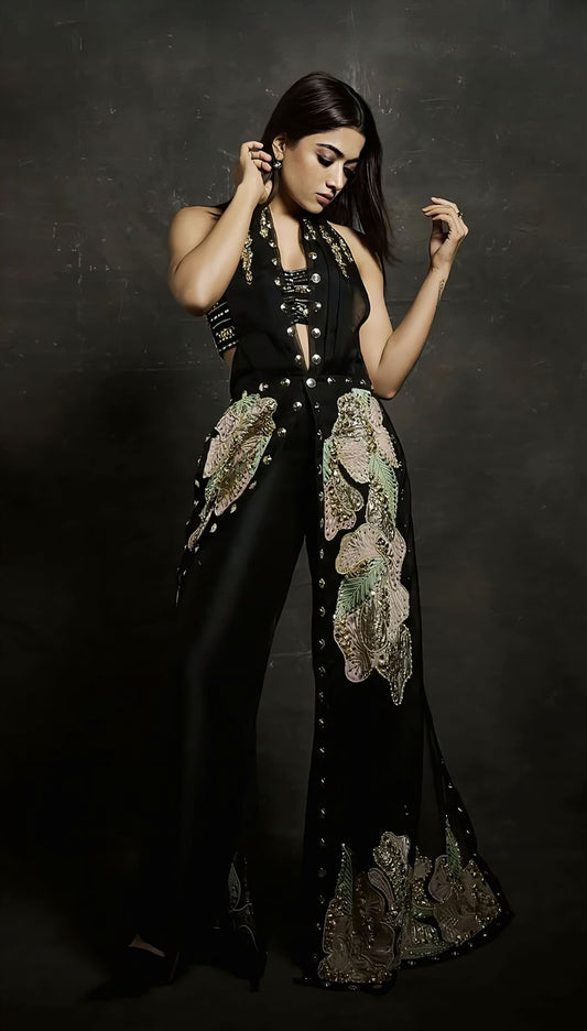 Rashmika Mandanna inspired black organza blazer set with floral patchwork pearls sequins crystals bustier and raw silk pants