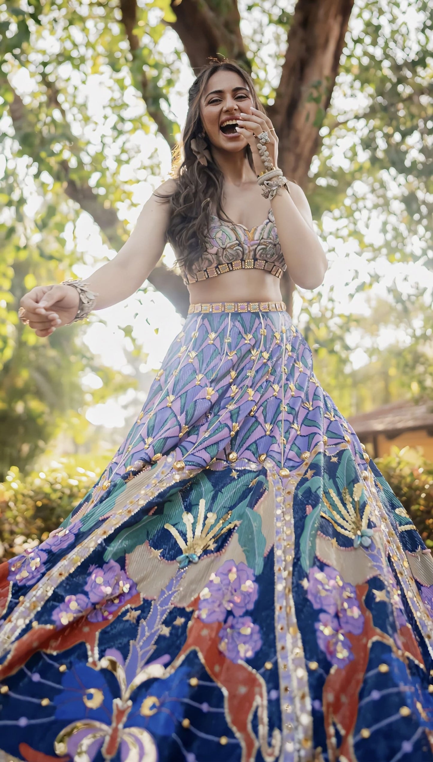 Rakul Preet inspired tropical blue embellished lehenga with celestial forest print sequins crystals and lilac butterfly blouse