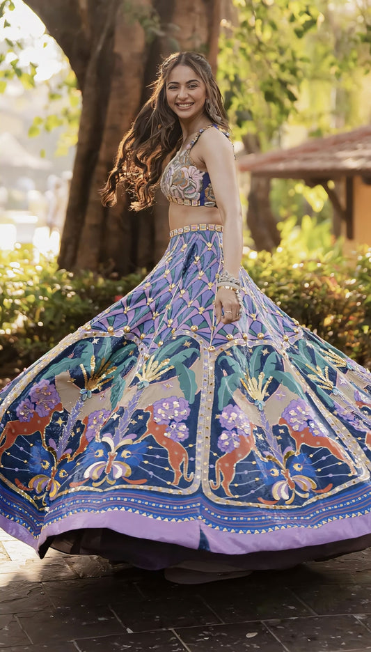 Rakul Preet Singh Inspired Lyons Tropical Blue Printed & Embellished Lehenga Set