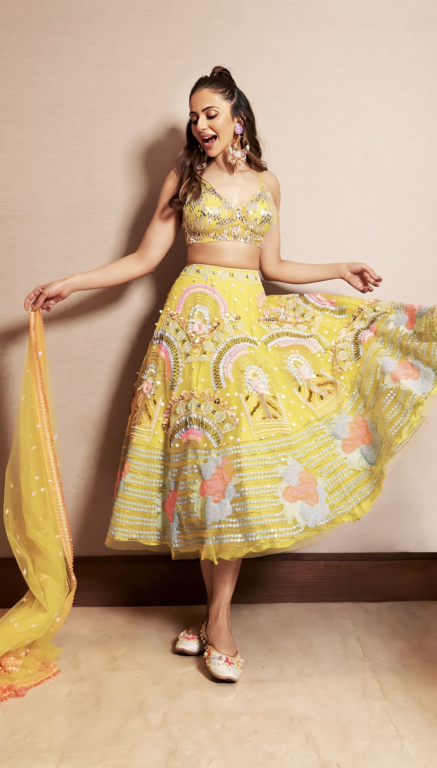 Rakul Preet Singh Inspired Lime Embellished Half Lehenga Set with Sequin Bralette