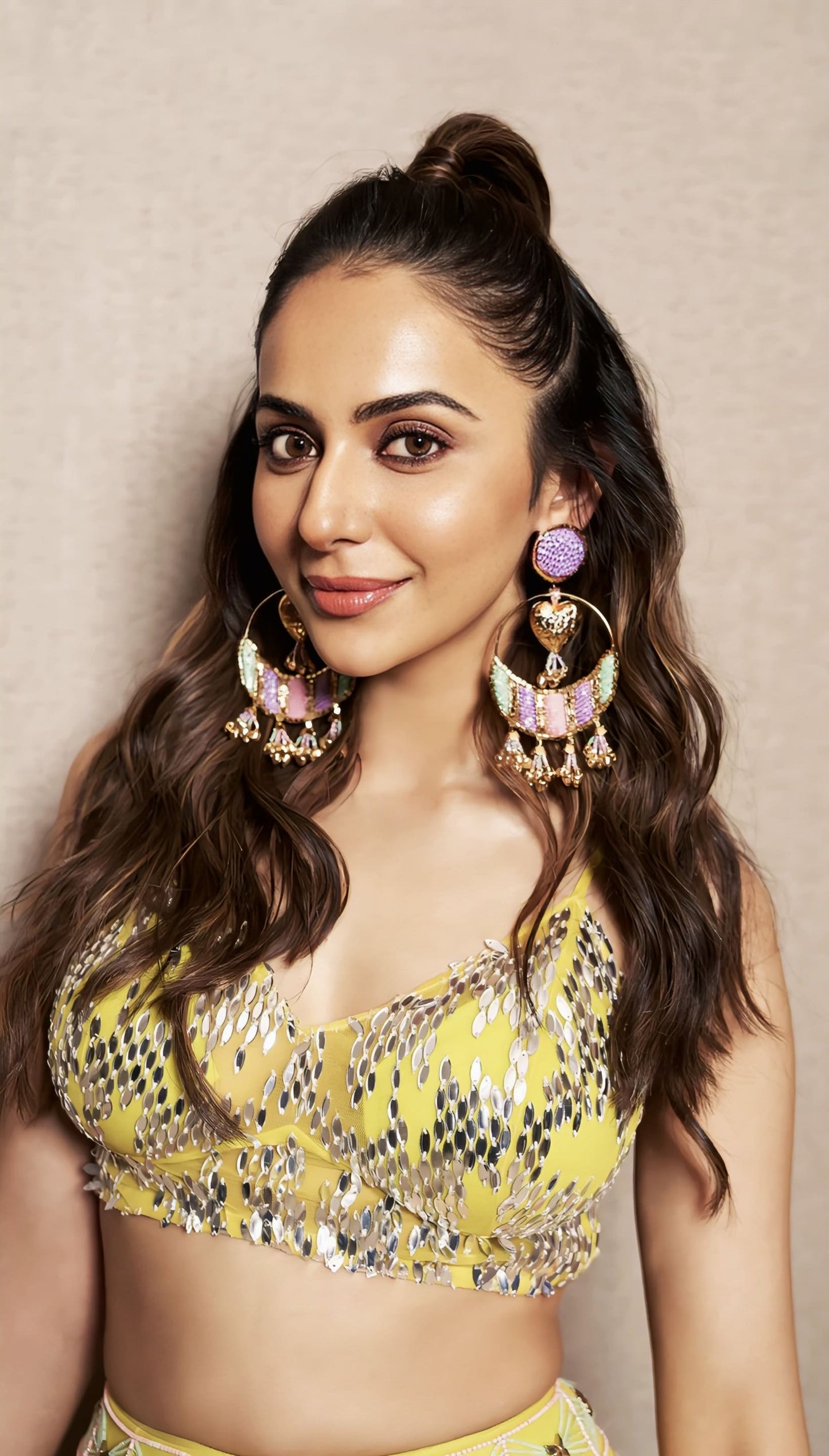 Rakul Preet Singh Inspired Lime Embellished Half Lehenga Set with Sequin Bralette