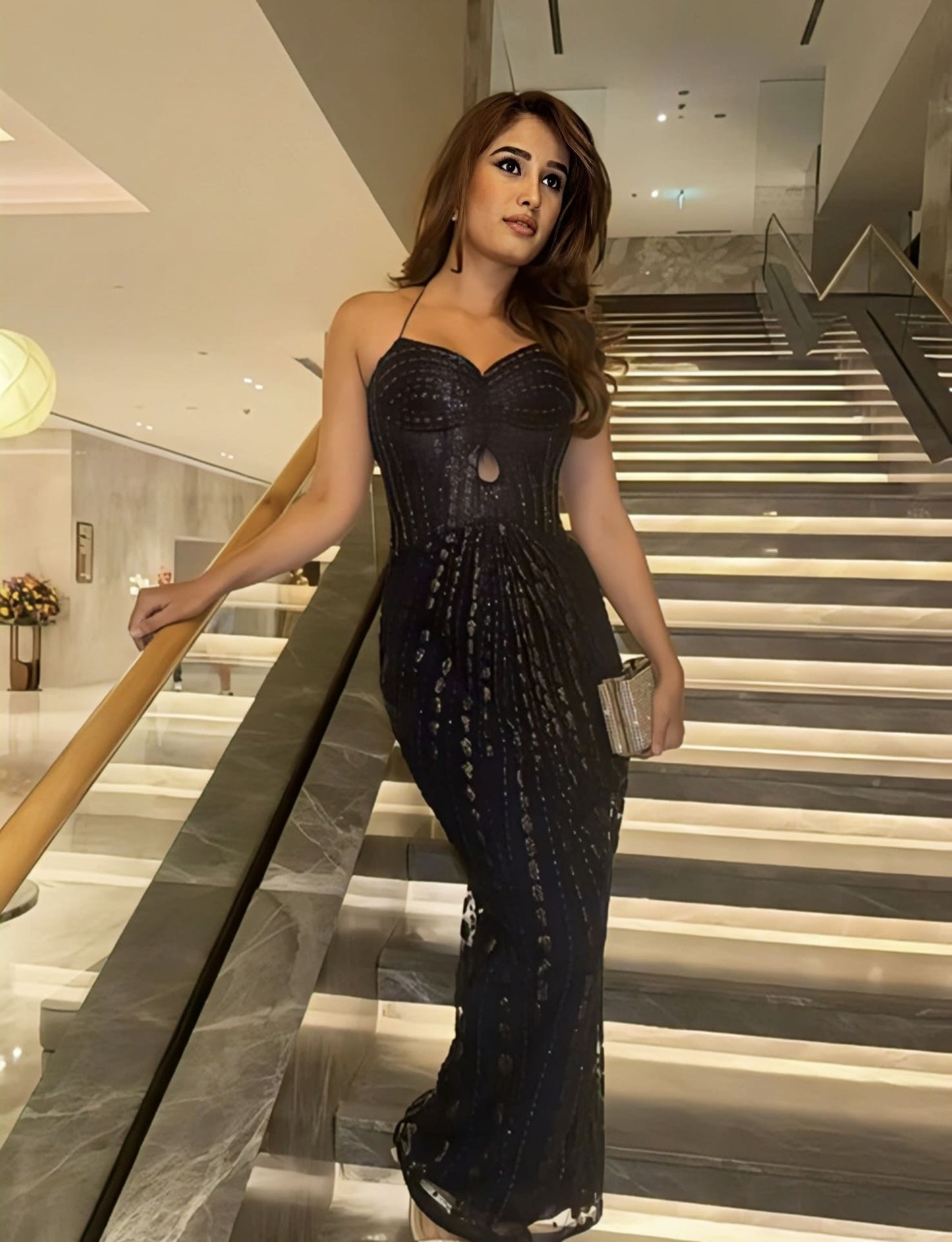 Rasha Thadani inspired sapphire embellished gown with cut-out bodice beadwork sequins tulle and crepe fabric