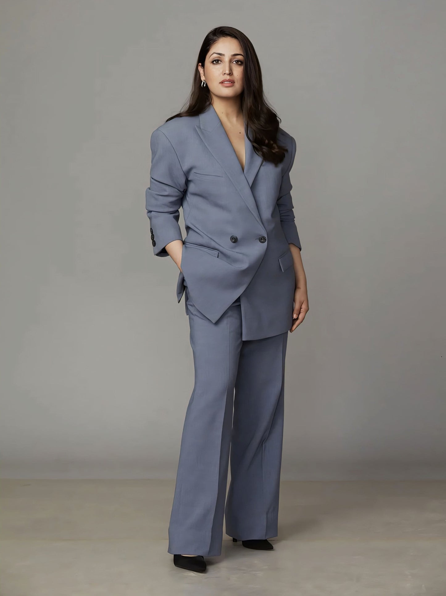 Yami Gautam inspired double breasted suit with layered jacket peak lapels and pleated trousers