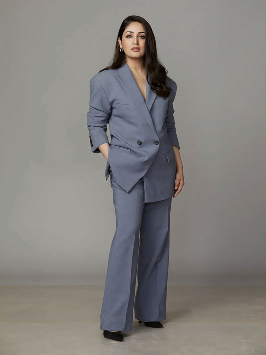 Yami Gautam inspired double breasted suit with layered jacket peak lapels and pleated trousers