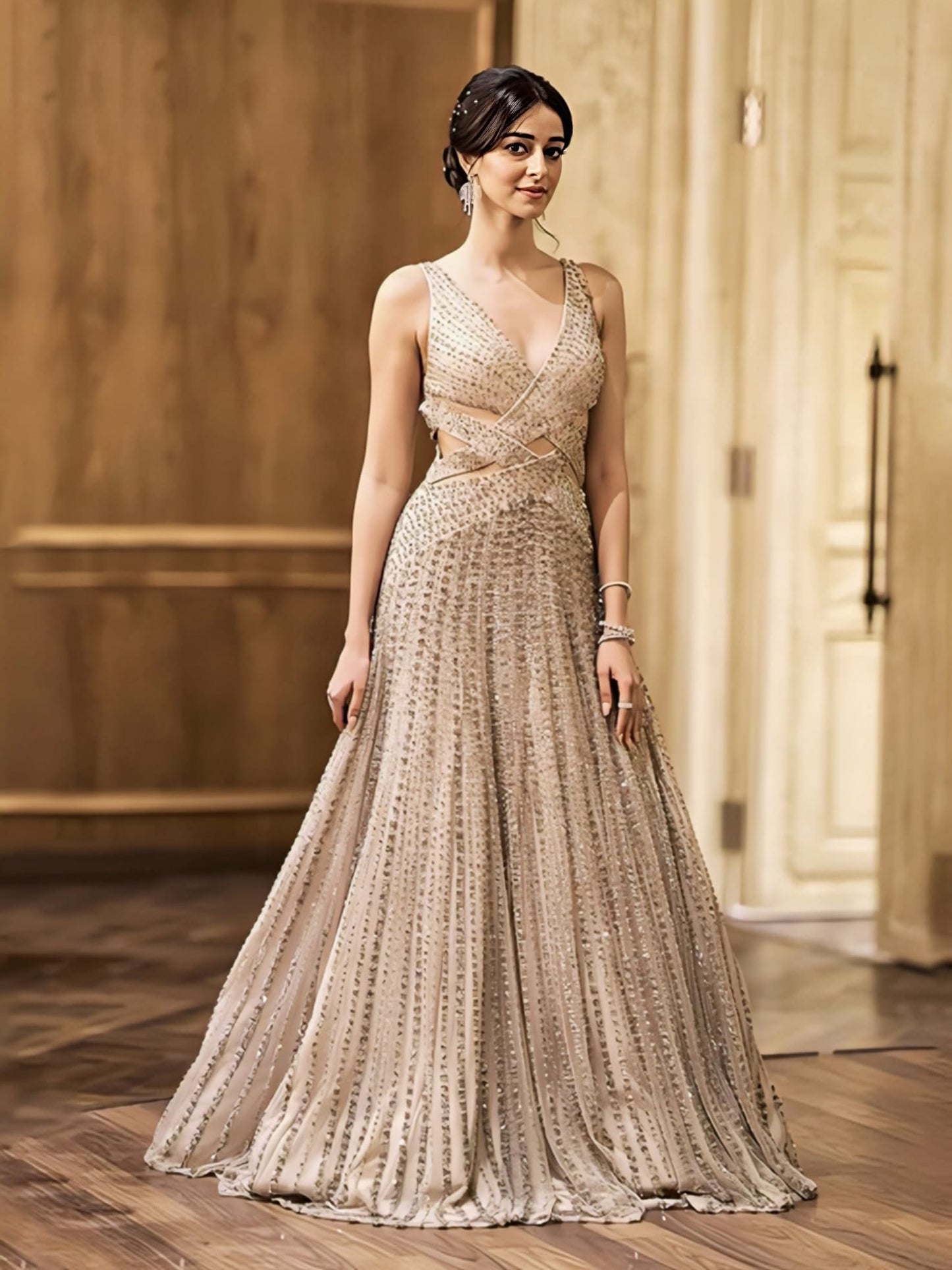 Ananya Panday inspired mist tulle gown with crossover bodice panels and delicate linear embroidery