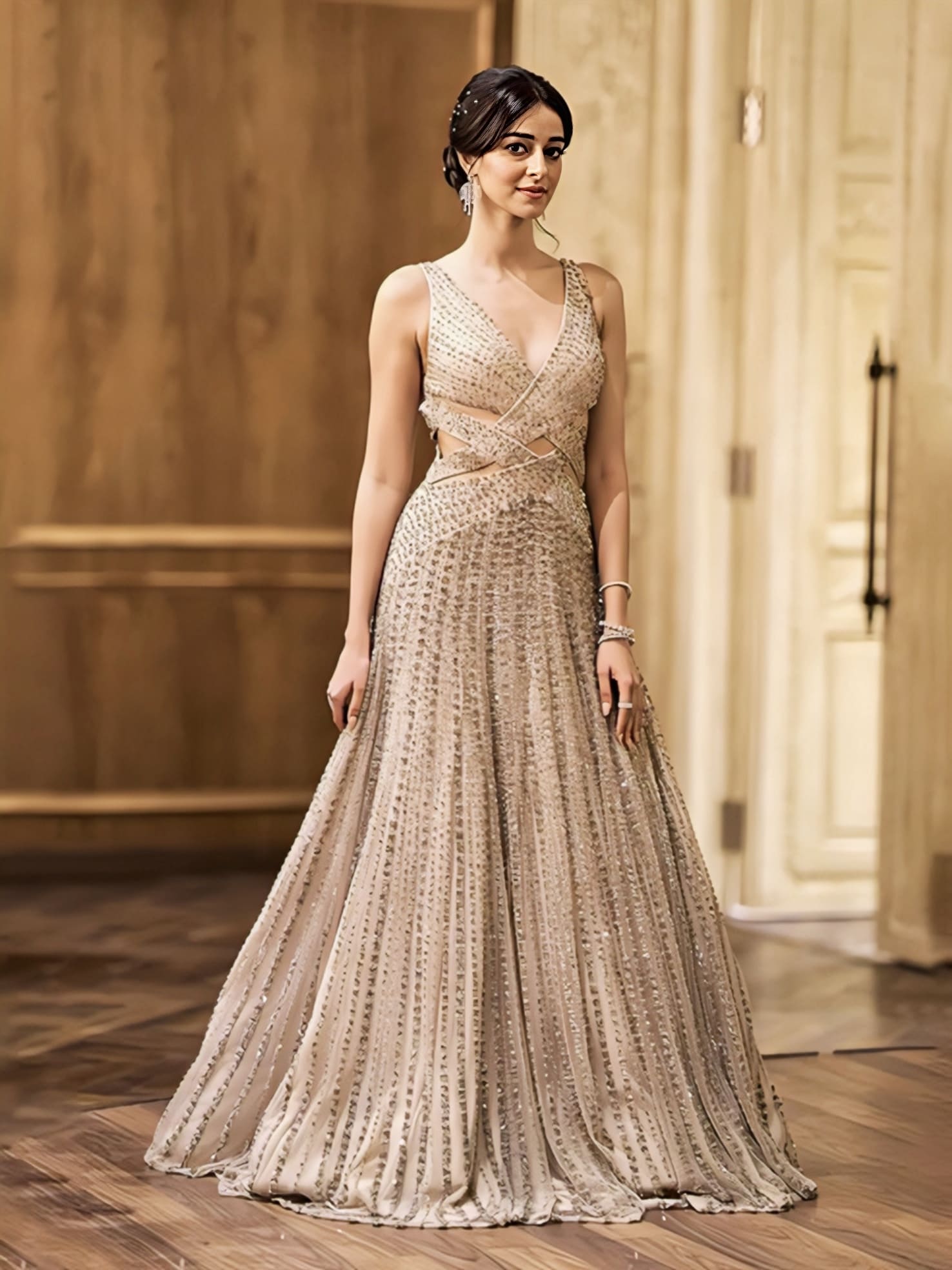 Ananya Panday inspired mist tulle gown with crossover bodice panels and delicate linear embroidery
