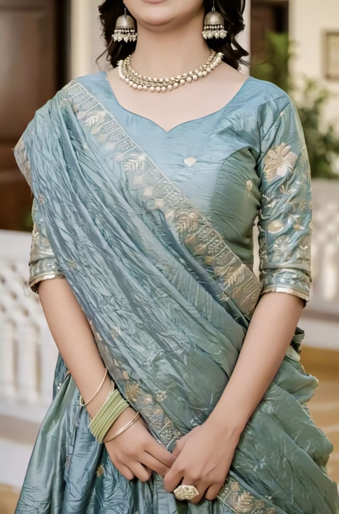 Blue Gold Crush Silk Lehenga Choli with Heavy Embroidery & Designer Dupatta