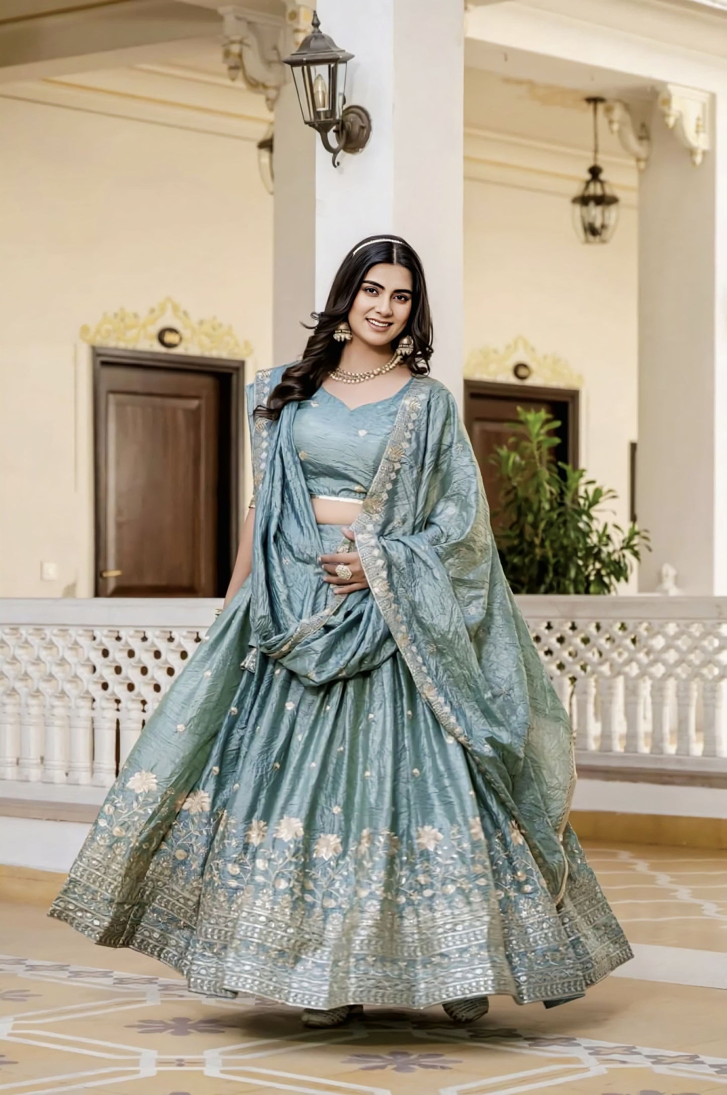 Blue Gold Crush Silk Lehenga Choli with Heavy Embroidery & Designer Dupatta