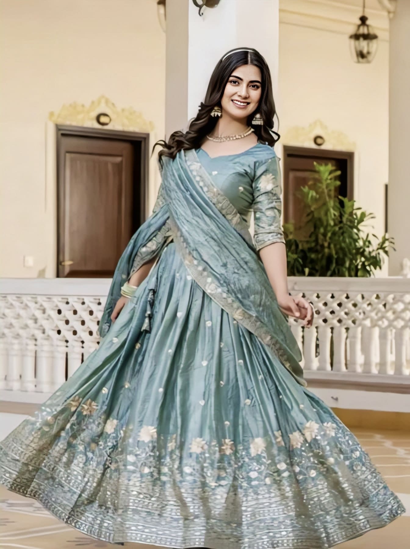 Blue gold crush silk lehenga choli with heavy embroidery, 4-meter flair, can-can support, embroidered blouse, and matching dupatta for wedding and festive wear