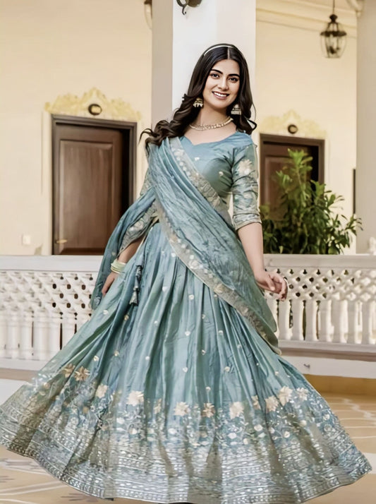 Blue gold crush silk lehenga choli with heavy embroidery, 4-meter flair, can-can support, embroidered blouse, and matching dupatta for wedding and festive wear