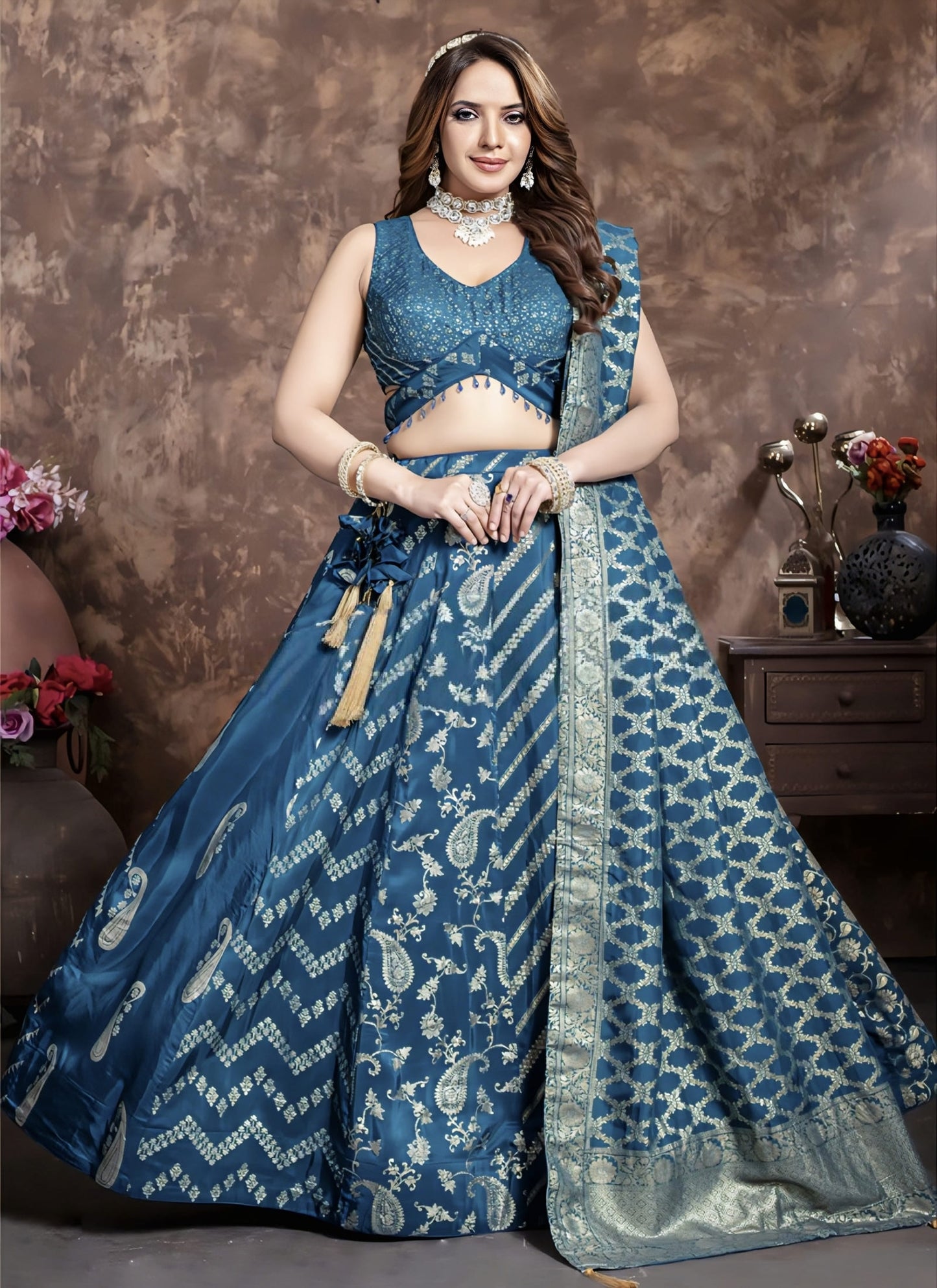 Rama Blue Banarasi silk wedding lehenga choli with sequins work, thread embroidery, and traditional weaving for bridal and festive wear