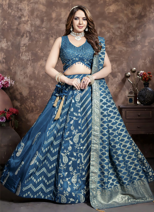 Rama Blue Banarasi silk wedding lehenga choli with sequins work, thread embroidery, and traditional weaving for bridal and festive wear