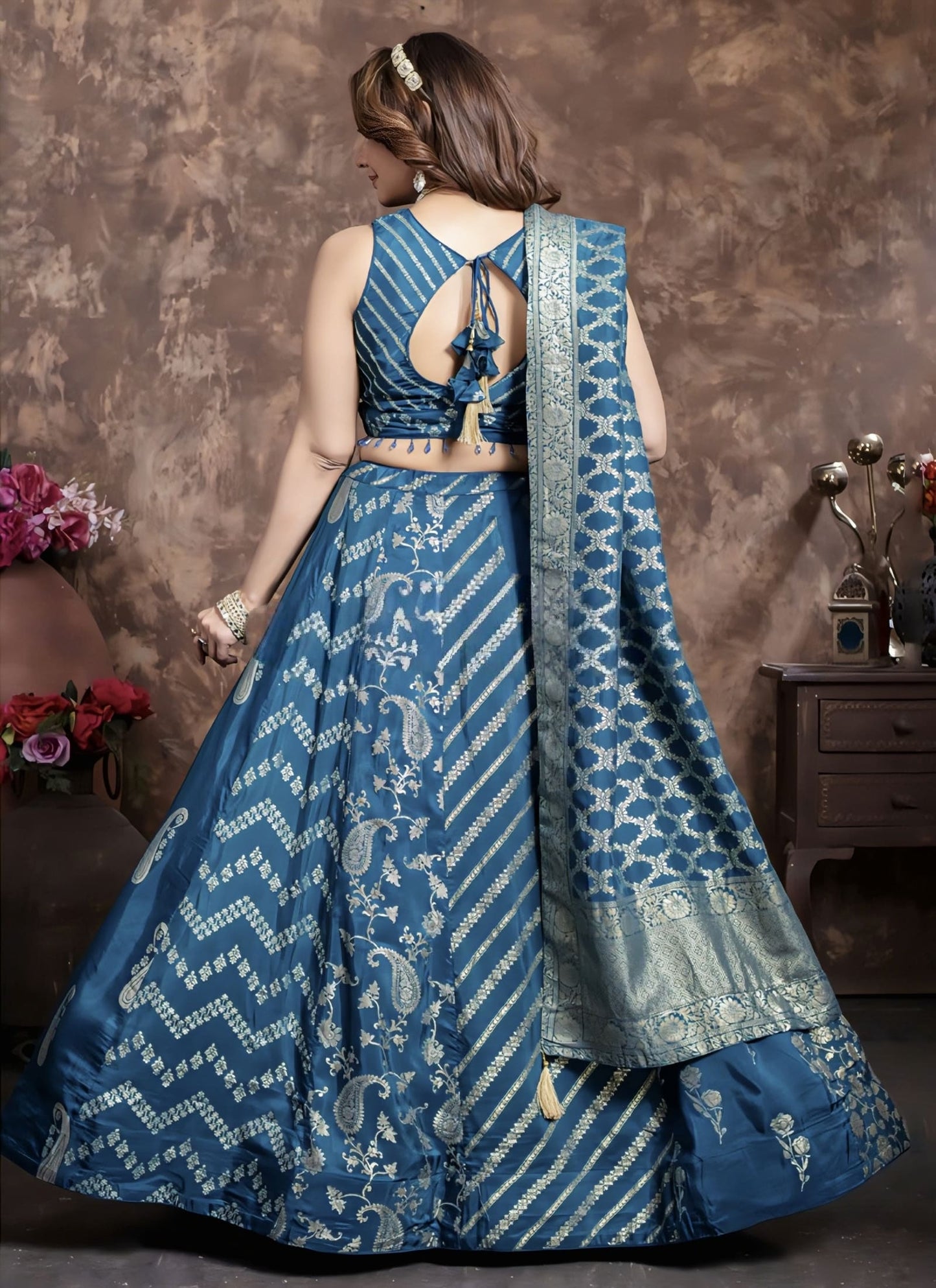 Rama Blue Banarasi Silk Wedding Lehenga Choli with Sequins & Thread Work
