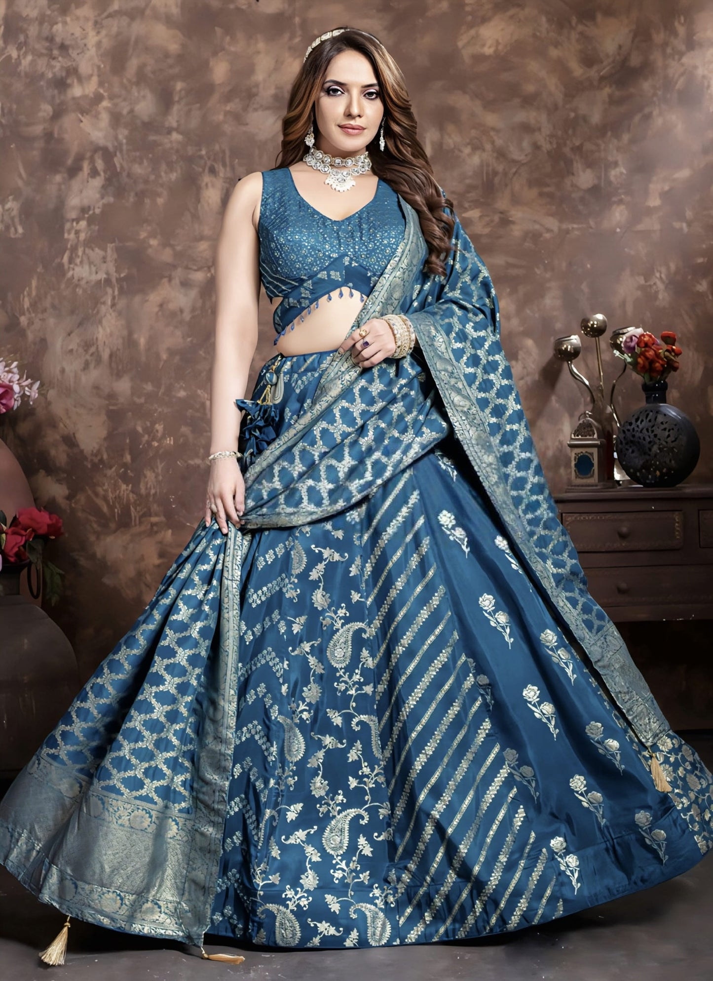Rama Blue Banarasi Silk Wedding Lehenga Choli with Sequins & Thread Work