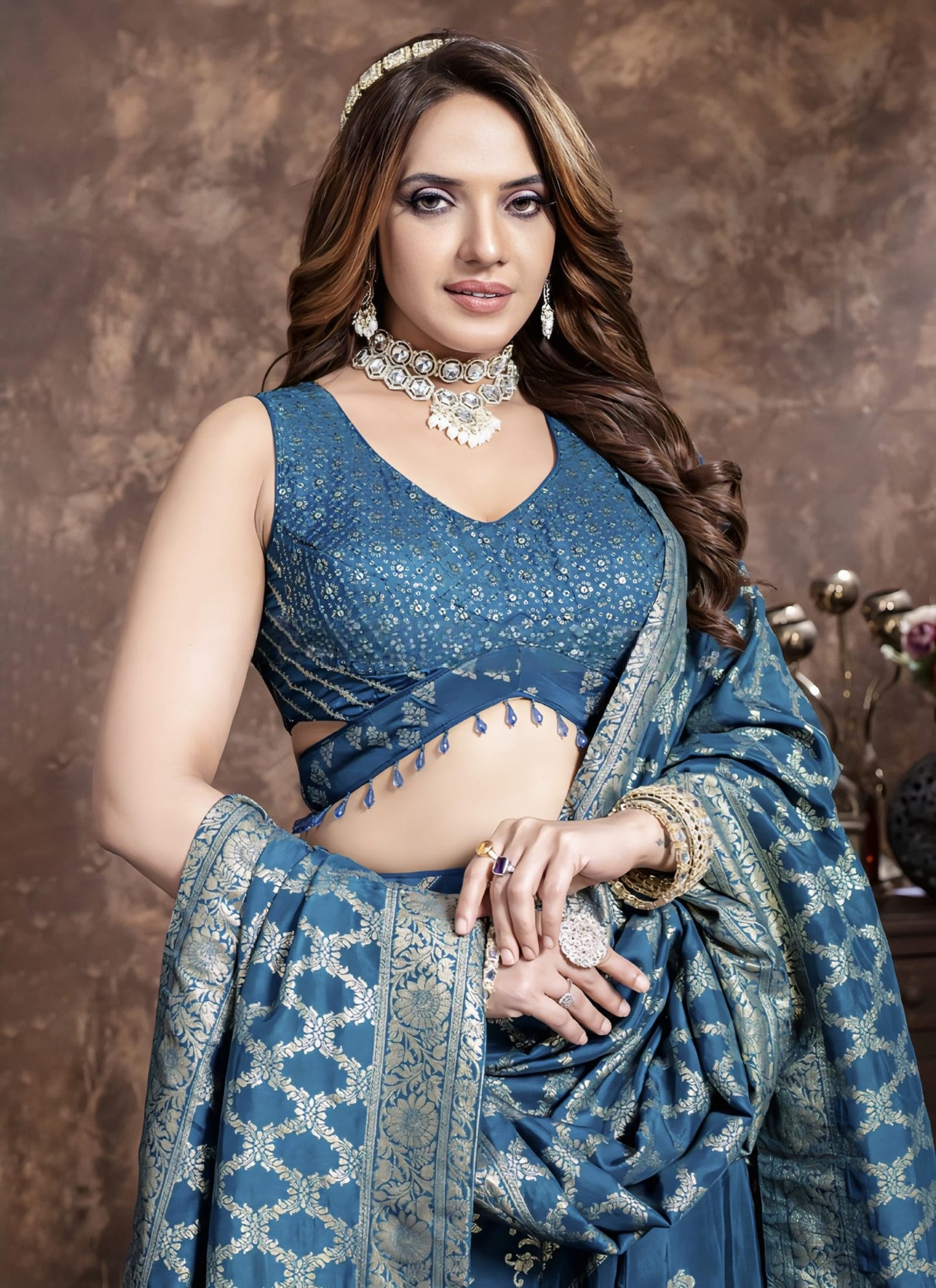 Rama Blue Banarasi Silk Wedding Lehenga Choli with Sequins & Thread Work