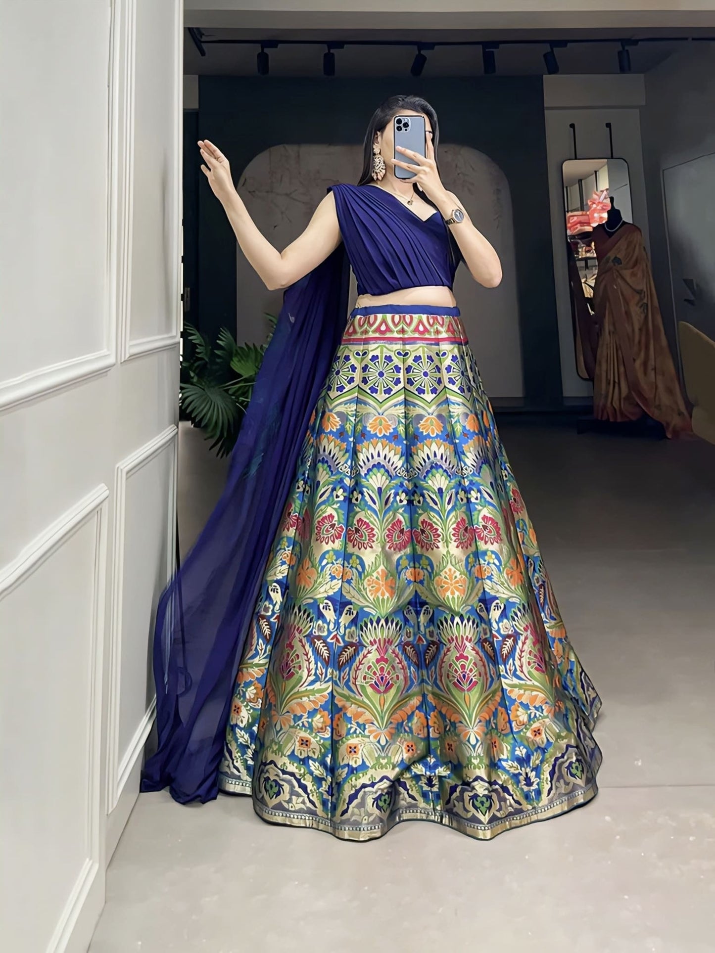 Navy Blue Banarasi Silk Lehenga Choli with Zari Weaving Work