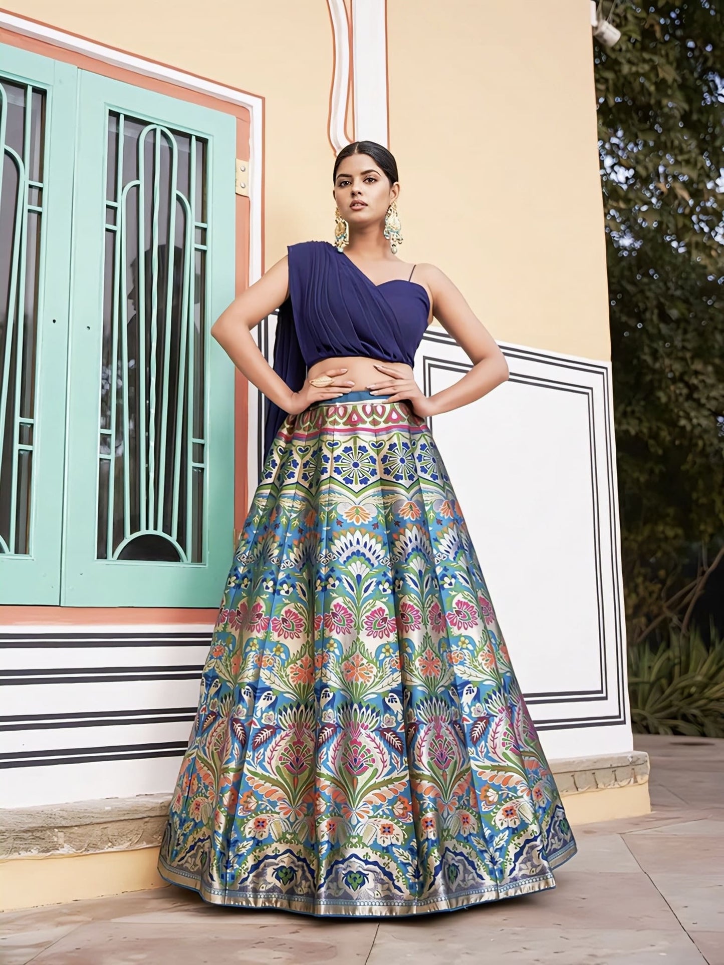 Navy blue Banarasi silk lehenga choli with zari weaving work and heart shape georgette choli for wedding and festive wear