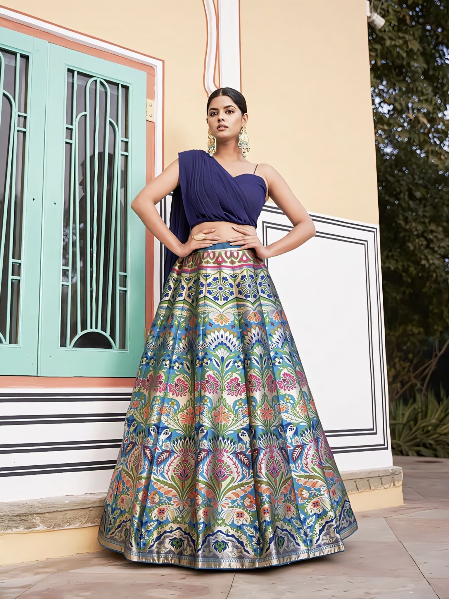 Navy blue Banarasi silk lehenga choli with zari weaving work and heart shape georgette choli for wedding and festive wear