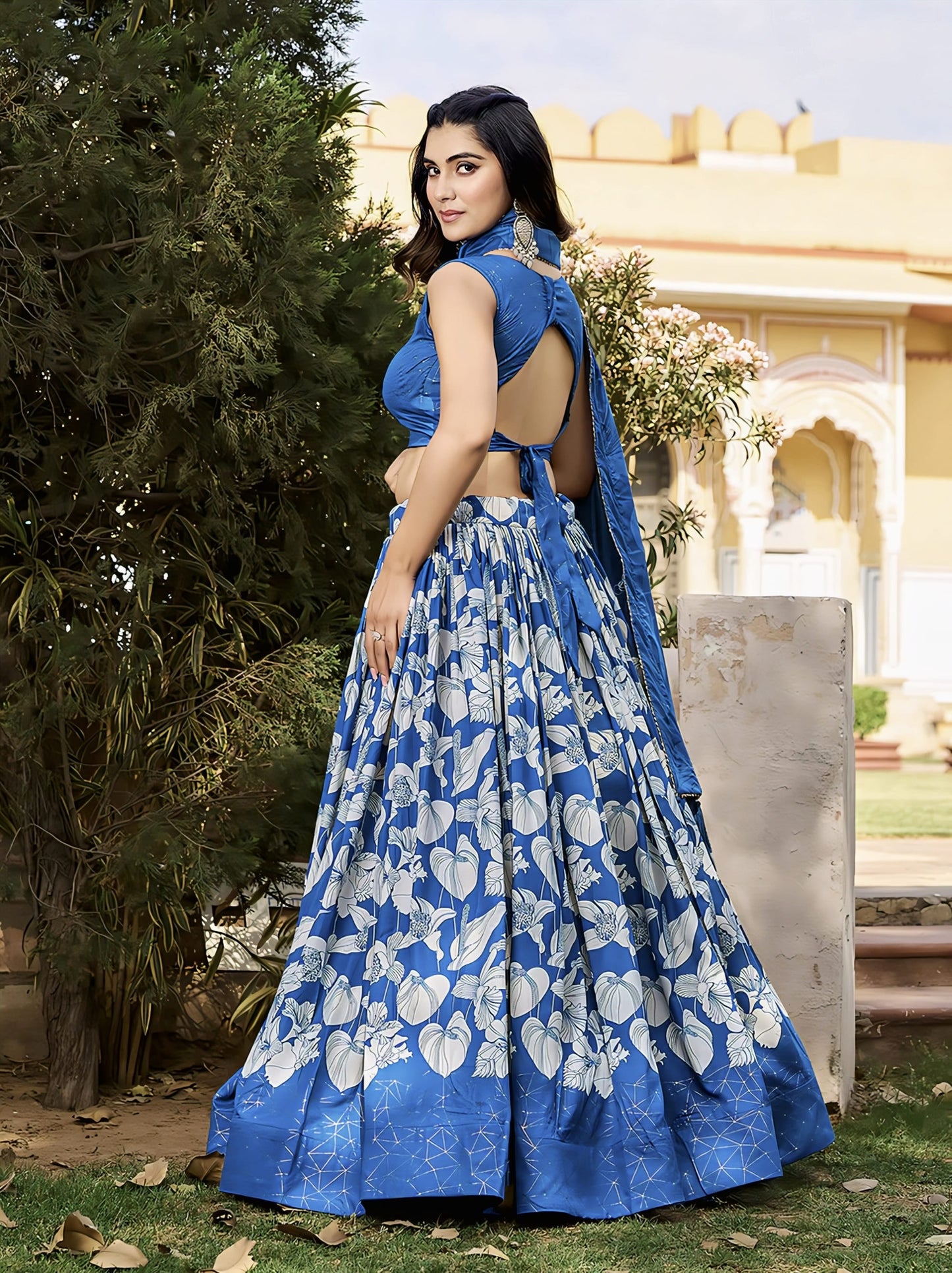 Royal Blue Tussar Silk Lehenga Choli with Floral Print & Foil Work