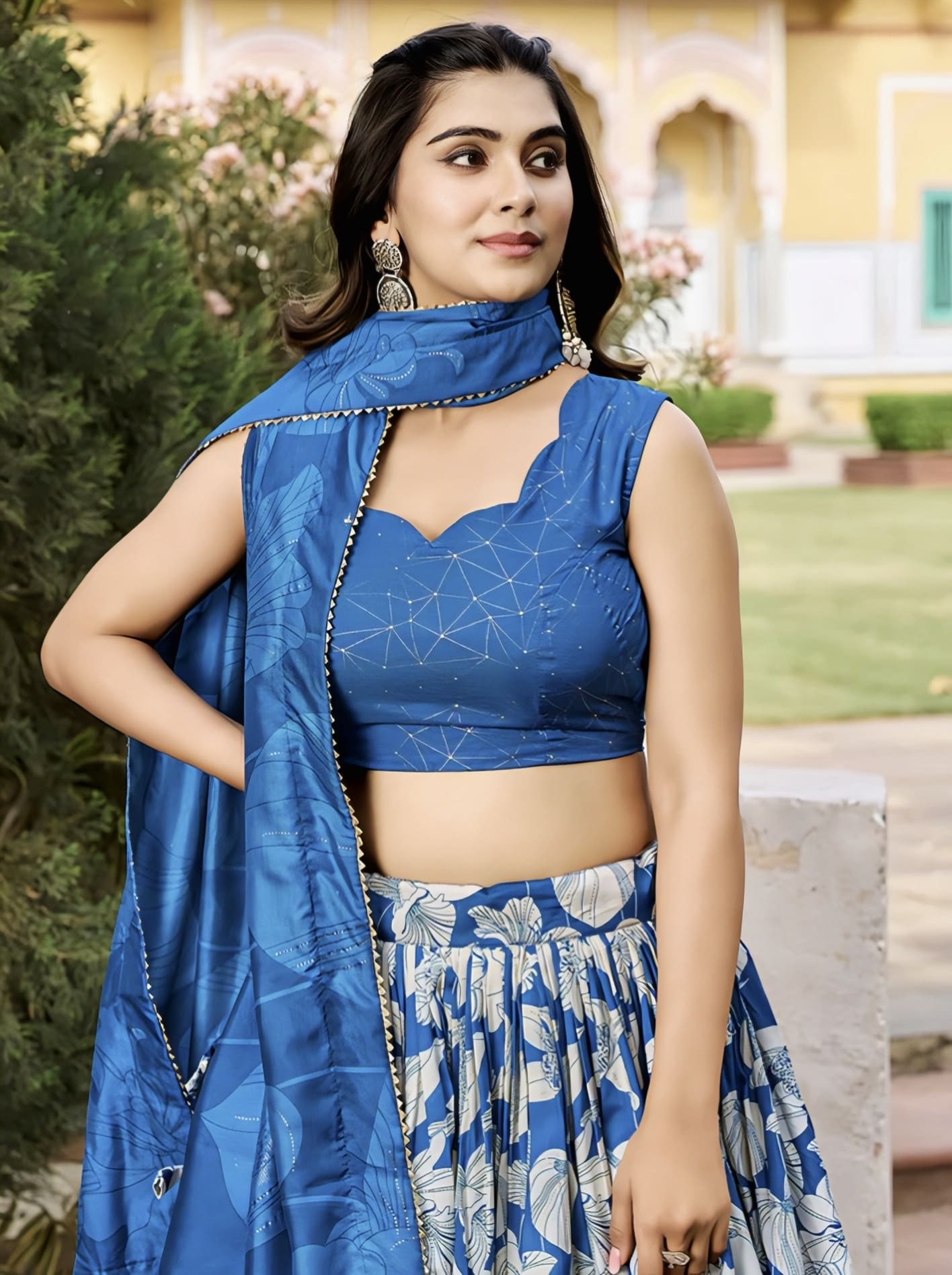 Royal Blue Tussar Silk Lehenga Choli with Floral Print & Foil Work