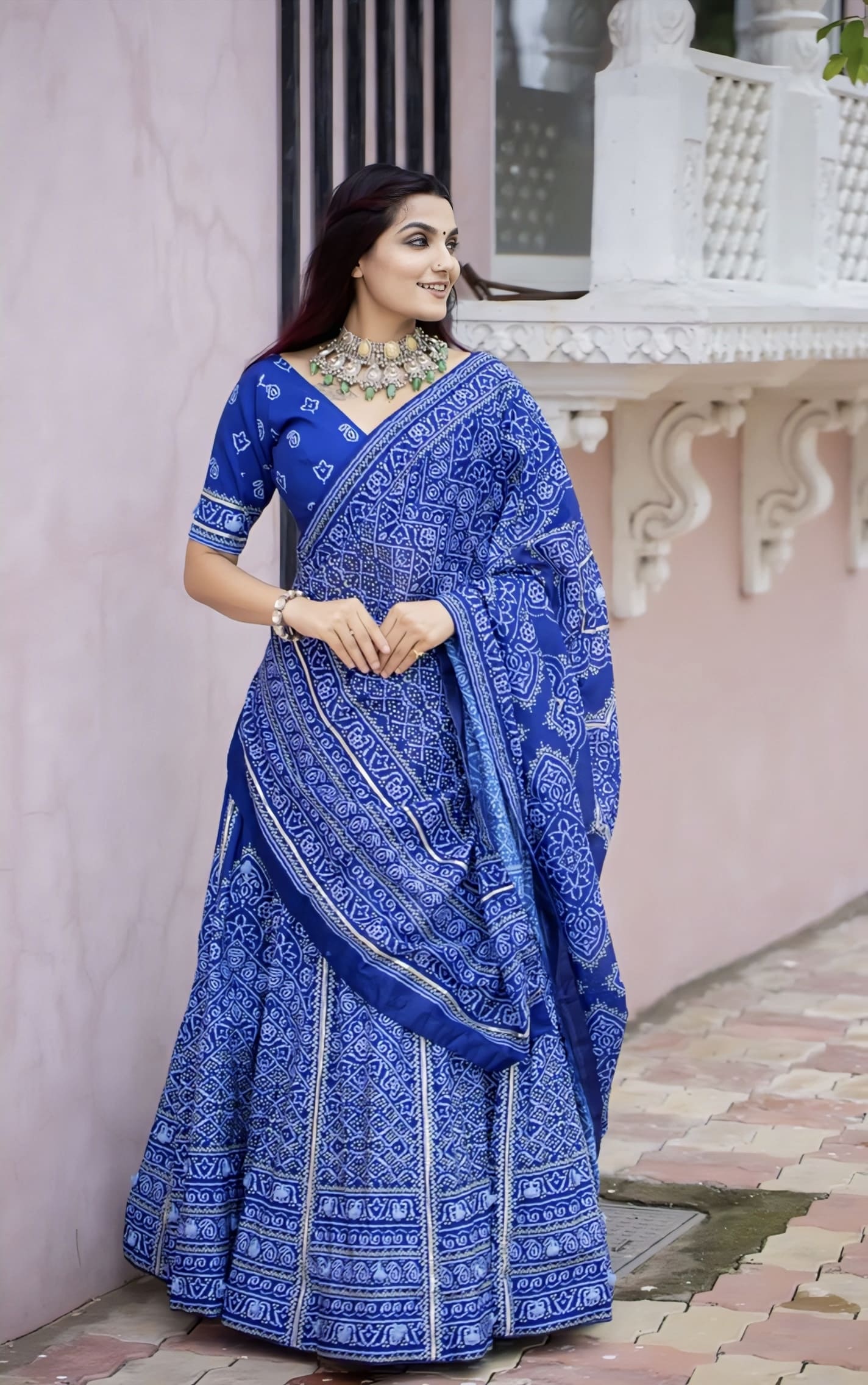 Indigo Blue Bandhani Printed Silk Lehenga Choli Set with Gota Patti & Tassels