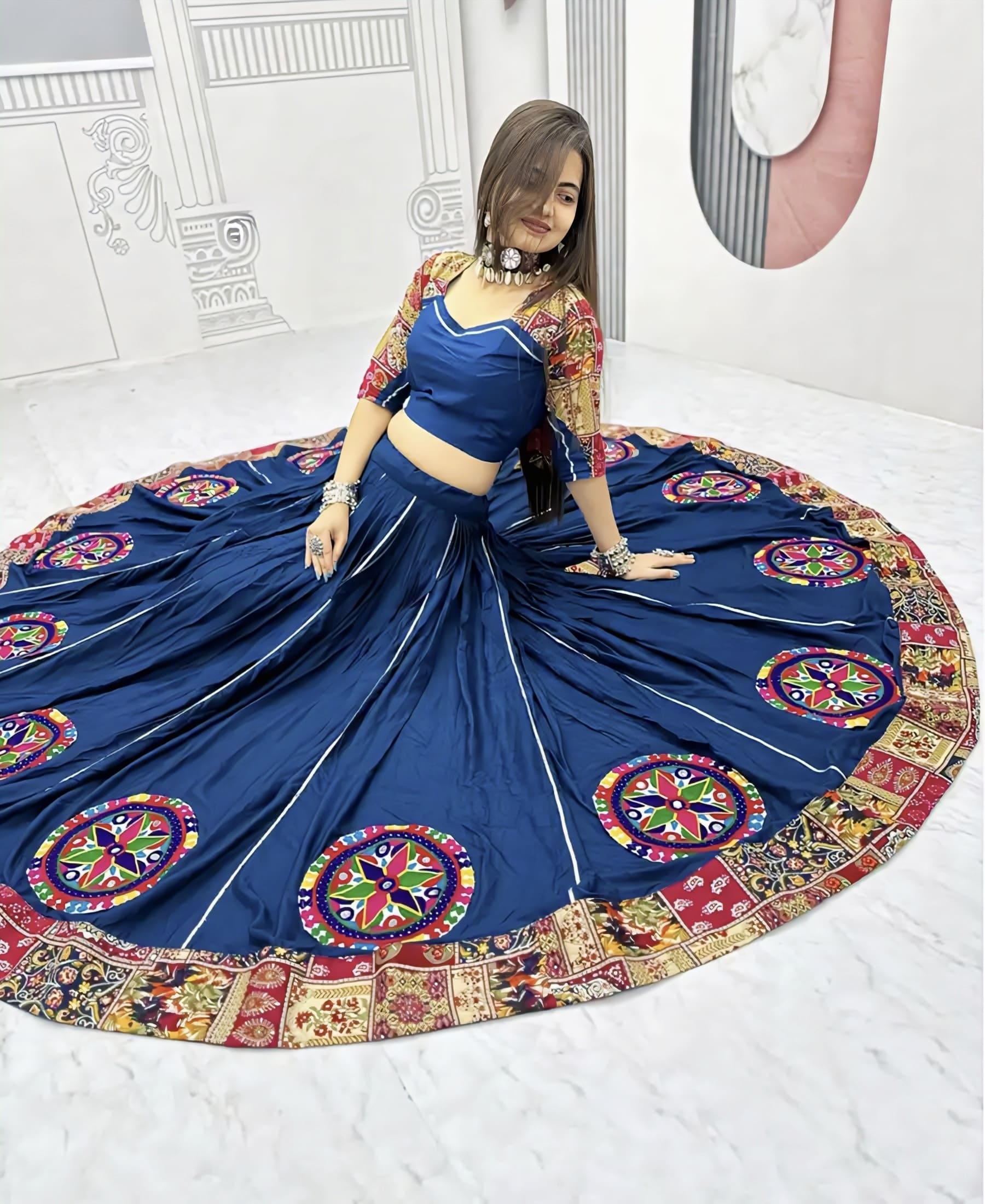 Peacock blue cotton Garba lehenga choli with Leheriya and Patola print for Navratri, festive, and wedding wear