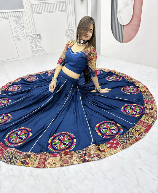 Peacock blue cotton Garba lehenga choli with Leheriya and Patola print for Navratri, festive, and wedding wear