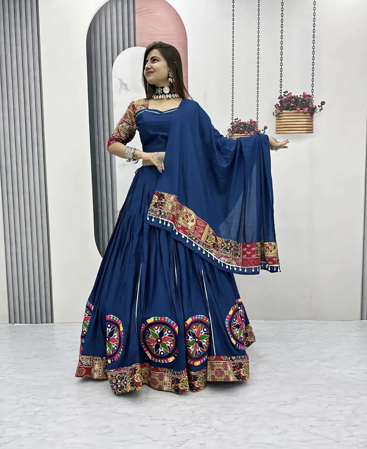 Peacock Blue Cotton Garba Lehenga Choli with Leheriya & Patola Print