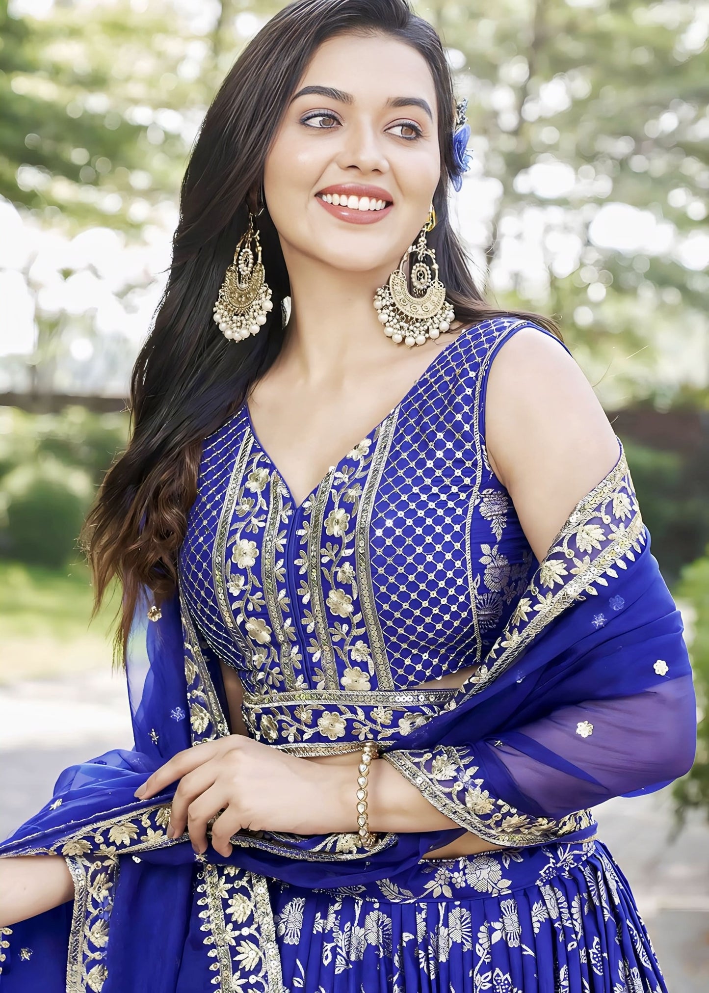 Royal Blue Art Silk Lehenga Choli with Zari Woven Work & Organza Dupatta